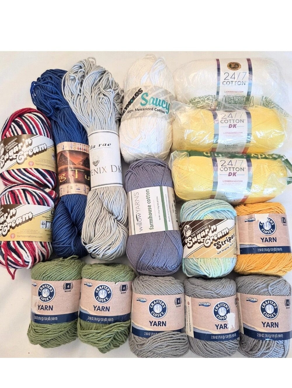 Yarn Destash Lot 16 COTTON Skeins Balls Mixed Brands Lion Sugar 'n Cream Crochet